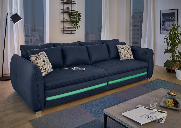  Big-Sofa inkl RGB-LED-Beleuchtung + Soundsystem + USB-Ladefunktion LOUNGE von JOB Blau 